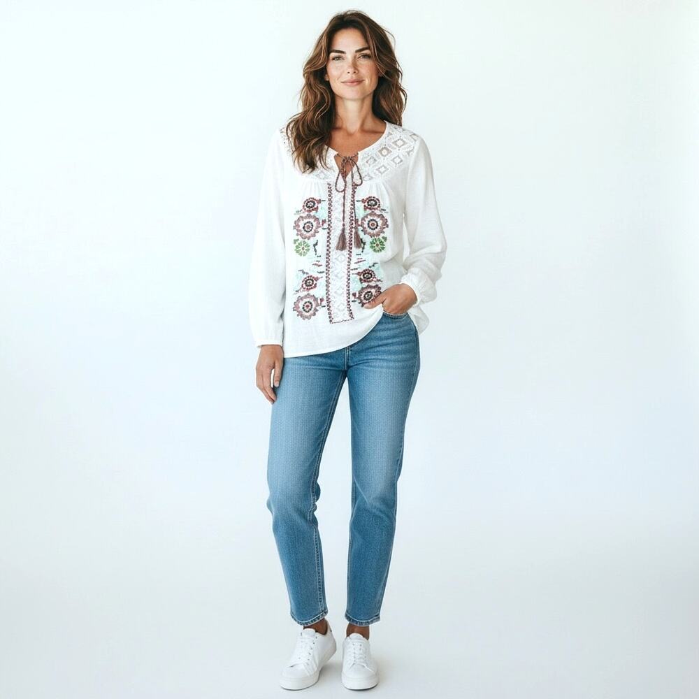 ROCKS & INDIGO Women’s Embroidered Peasant Style Blouse  XL Coquette Peasant